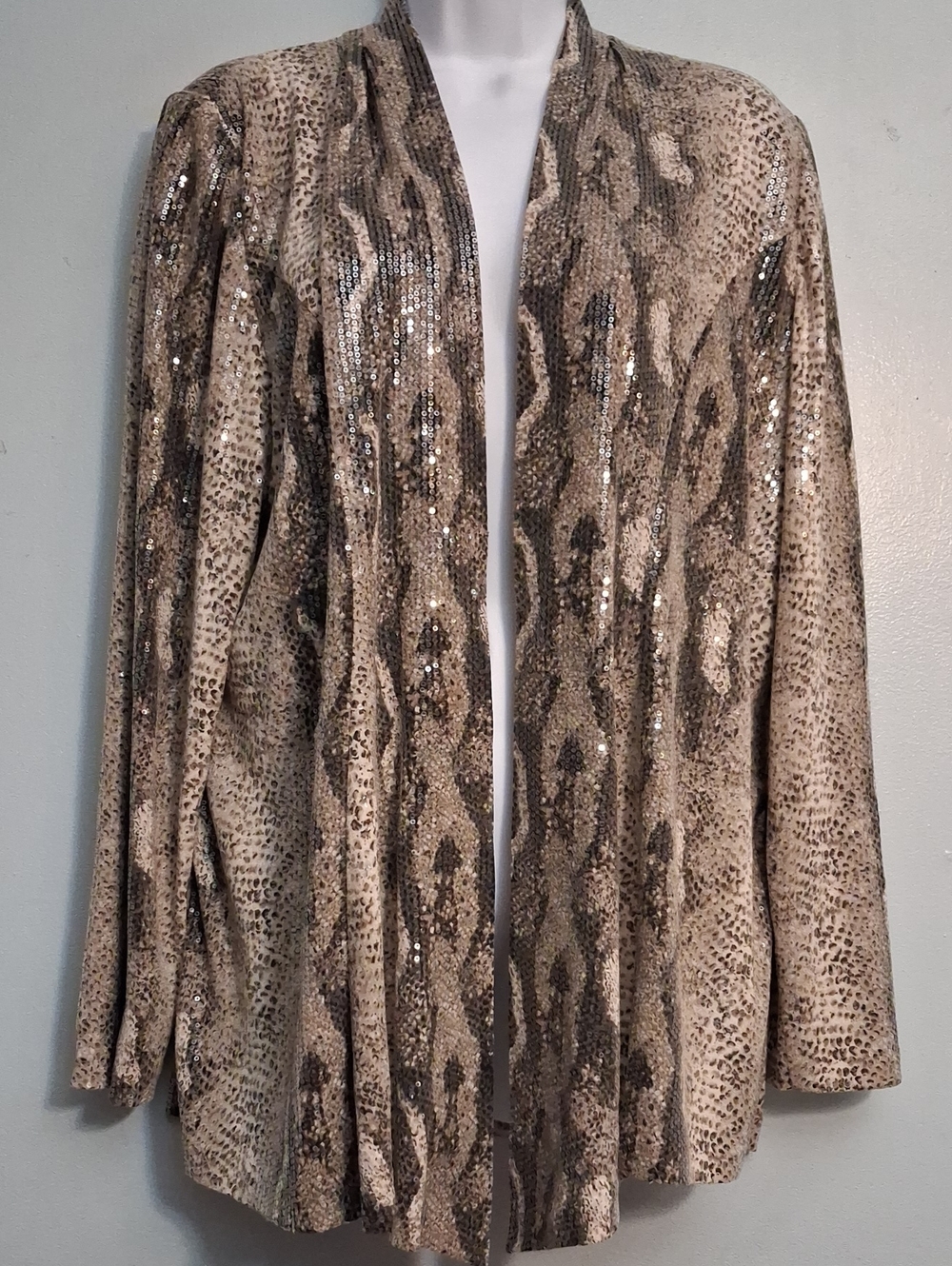 Misook Size XL women's Sequines Animal-Print Open Front Cardigan Beige & Brown